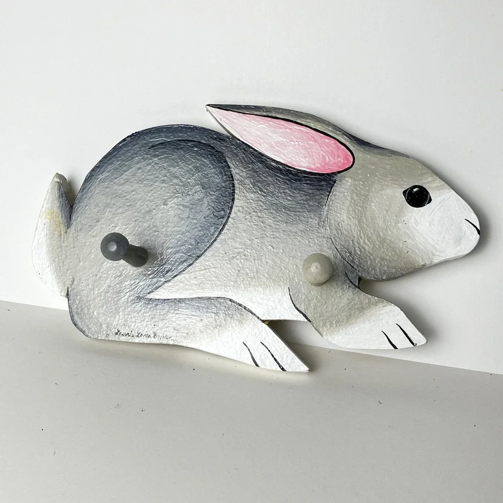 Laurie Becher Wall Hook Rack Bunny Rabbit 9.5in Gray Hand Painted Wood Whimsical